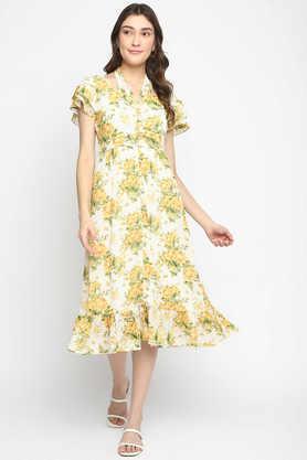 floral polyester v neck women's maxi dress - yellow