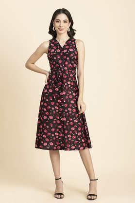 floral polyester v-neck women's midi dress - black