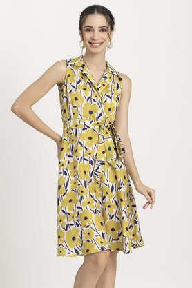 floral polyester v-neck women's midi dress - yellow