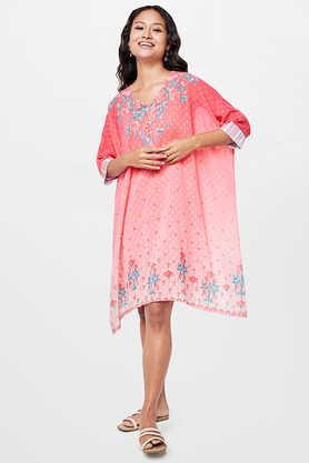 floral polyester v neck women's tunic - coral
