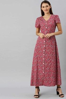 floral polyester v neck womens a-line dress - red