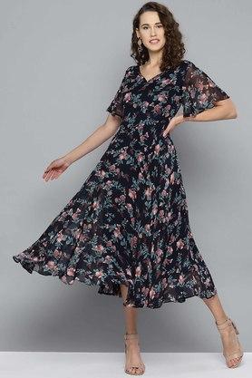 floral polyester v neck womens flared dress - navy