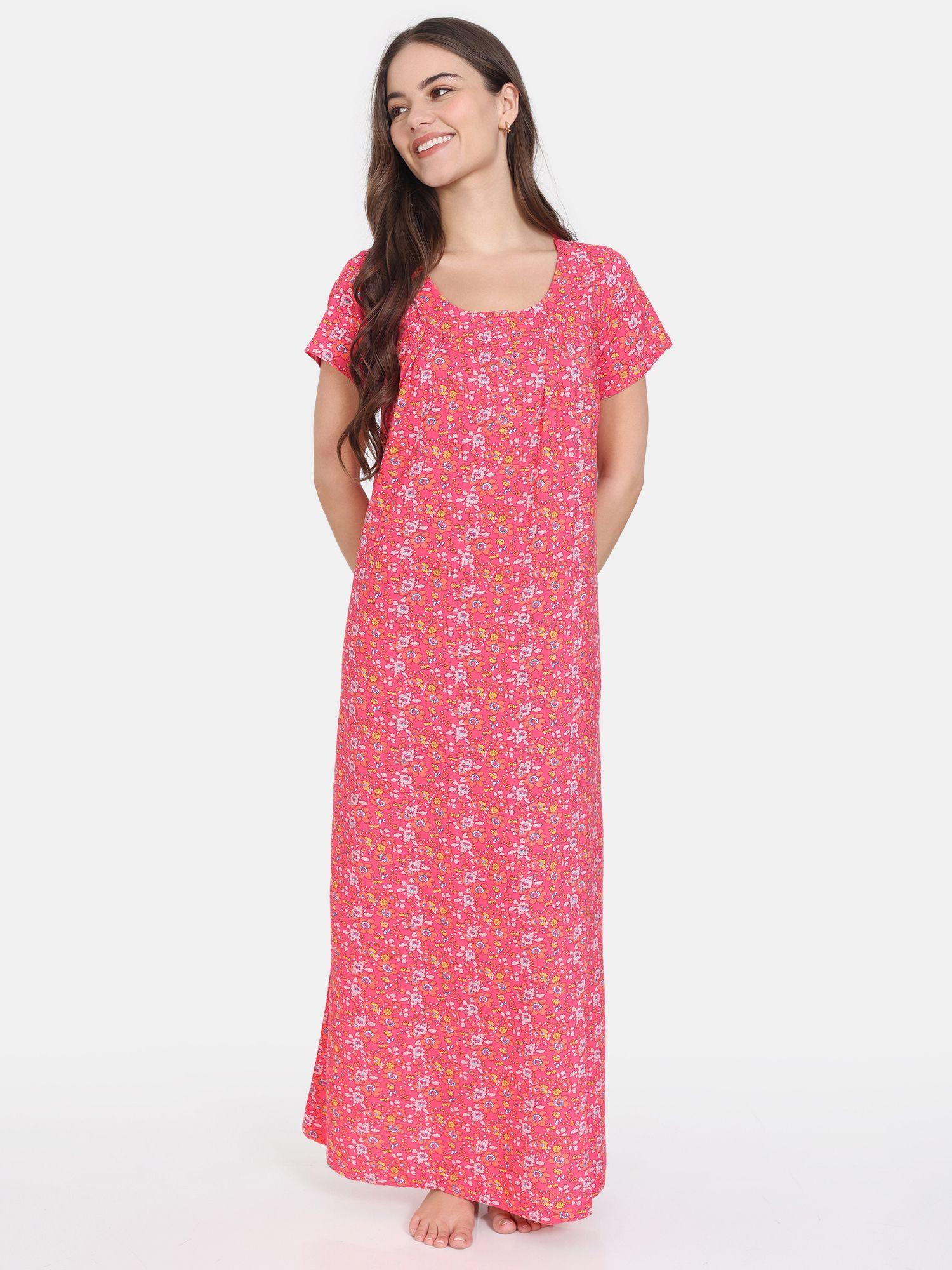 floral pop woven full length nightdress - pink paradise