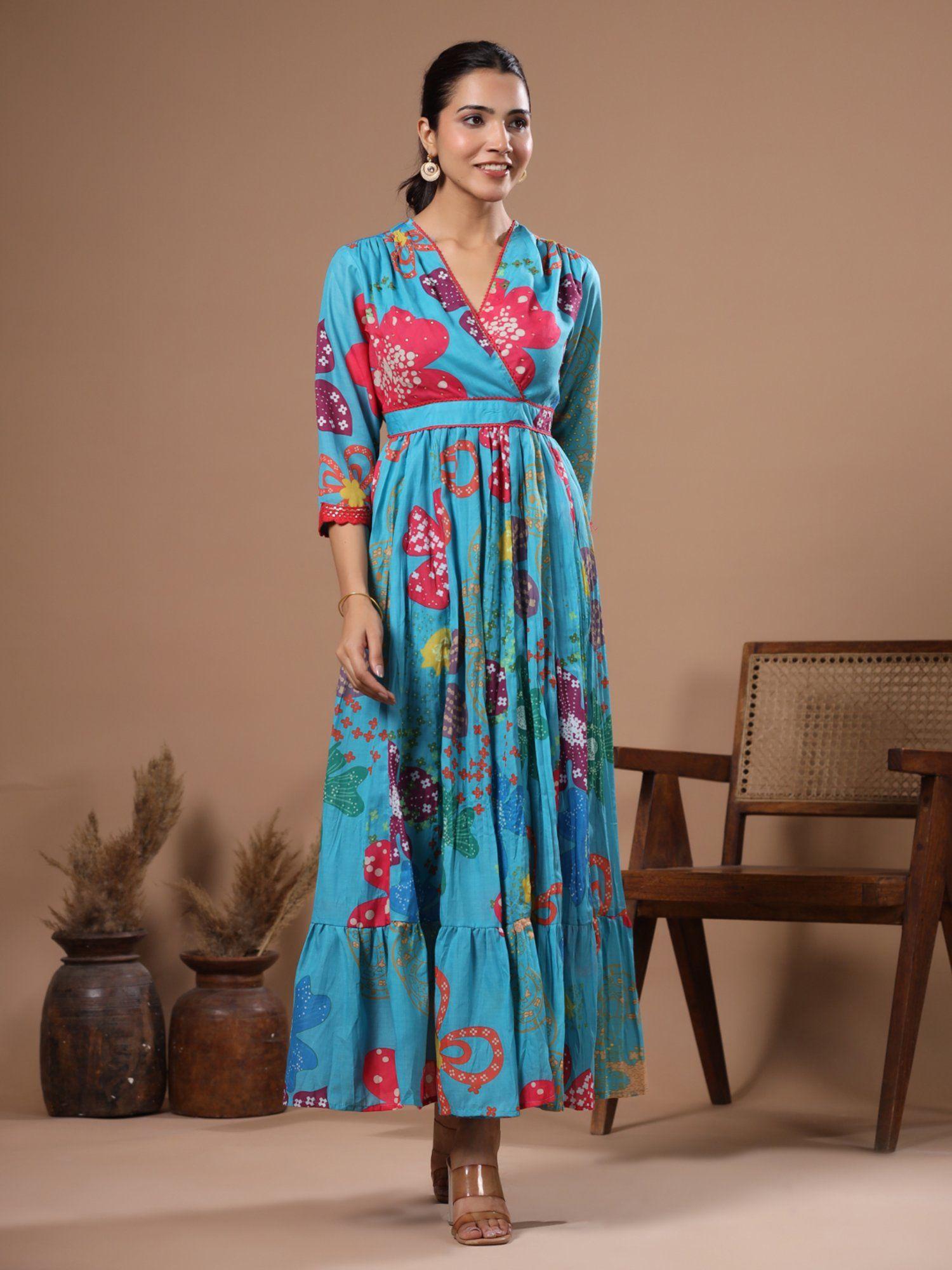 floral print & sequined pleated blue maxi dress