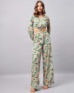 floral print  extended sleeves jumpsuit