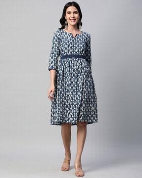 floral print  fit & flared dress with round neck