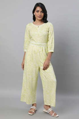floral print 3/4 sleeve viscose women's ankle length summer jumpsuit with belt - green