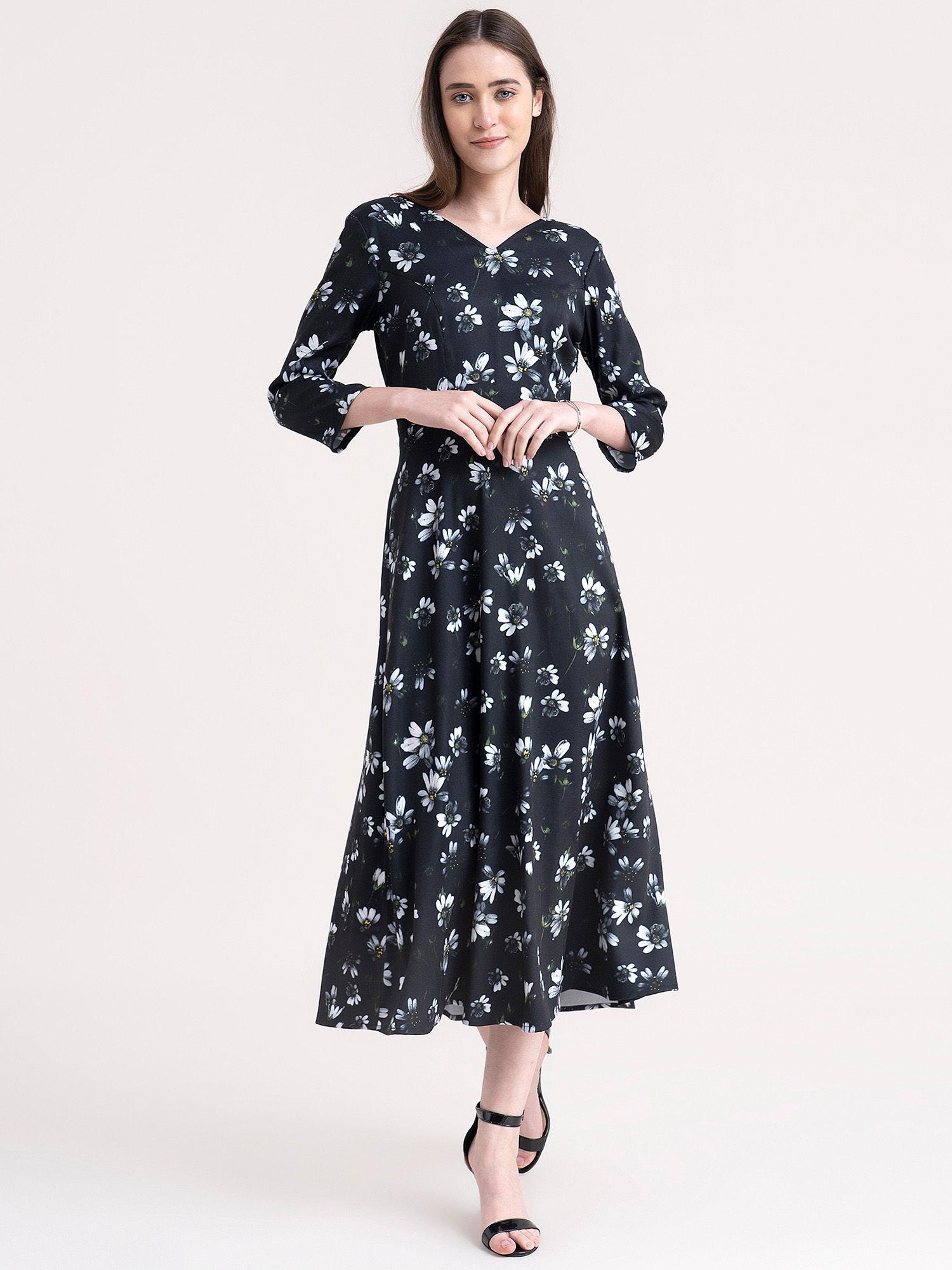 floral print a line dress black