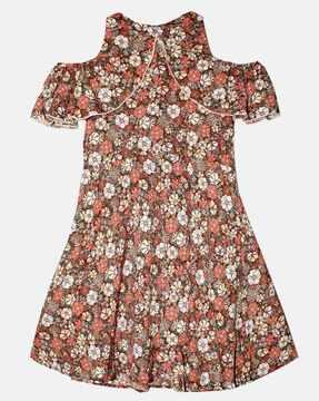 floral print a-line dress cold-shoulder sleeves