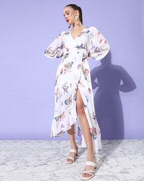 floral print a-line dress with asymmetric hem