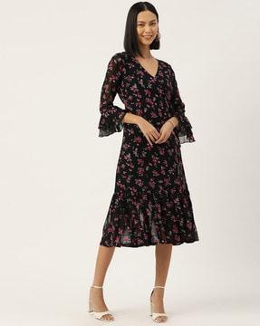 floral print a-line dress with bell sleeves