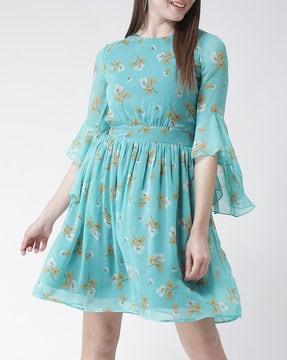 floral print a-line dress with bell sleeves