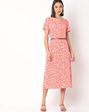 floral print a-line dress with belt