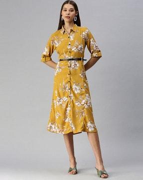 floral print a-line dress with belt