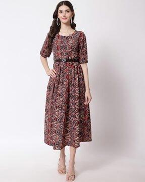 floral print a-line dress with belt