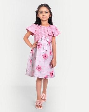 floral print a-line dress with bow accent