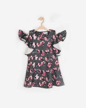 floral print a-line dress with cold-shoulder sleeves