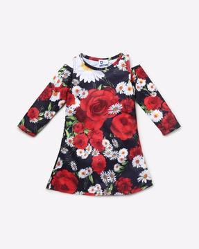 floral print a-line dress with cold-shoulder sleeves