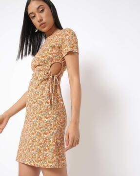 floral print a-line dress with cutouts