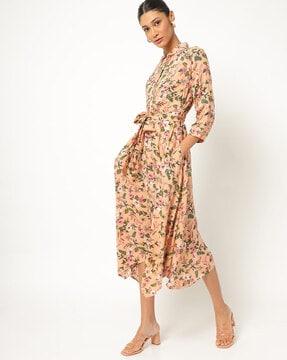 floral print a-line dress with fabric belt