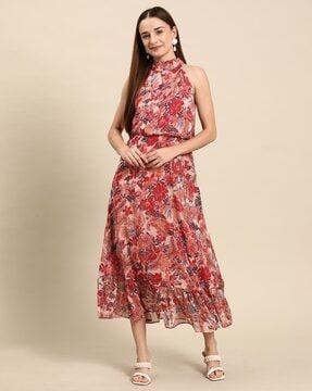 floral print a-line dress with flared hem