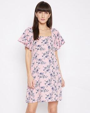 floral print a-line dress with flared sleeves