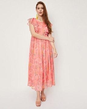 floral print a-line dress with frilled detail