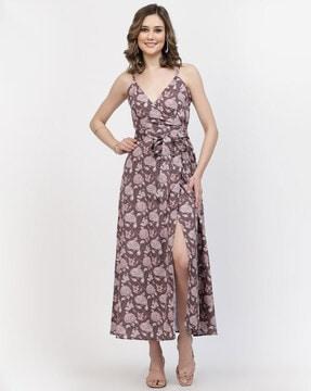 floral print a-line dress with front-slit