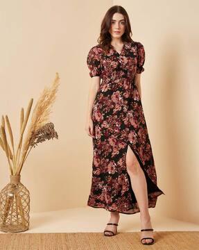 floral print a-line dress with front-slit