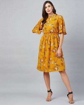 floral print a-line dress with gathers