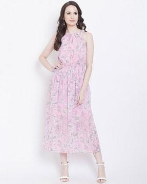 floral print a-line dress with halter-neck