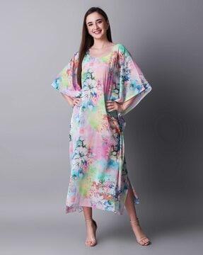 floral print a-line dress with kimono sleeves