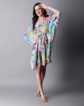 floral print a-line dress with kimono sleeves