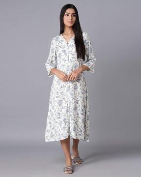 floral print a-line dress with lace accent