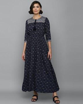 floral print a-line dress with neck tie-up