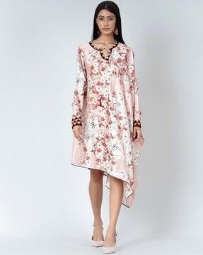 floral print a-line dress with neck tie-up