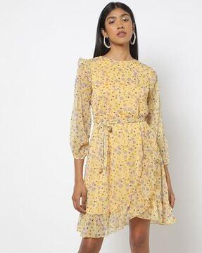 floral print a-line dress with overlay