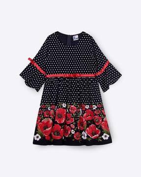 floral print a-line dress with polka dots