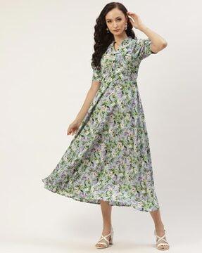 floral print a-line dress with puff sleeves