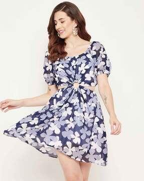 floral print a-line dress with puff sleeves