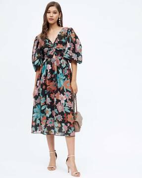 floral print a-line dress with puff sleeves