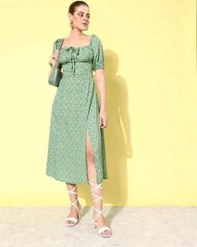 floral print a-line dress with puff sleeves