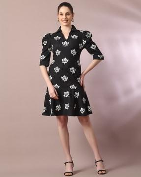 floral print a-line dress with puff sleeves