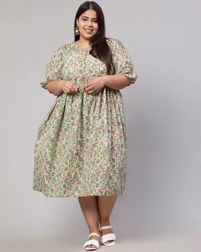 floral print a-line dress with puffed sleeves