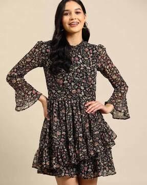 floral print a-line dress with ruffle detail