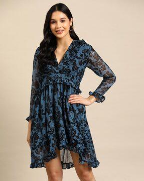 floral print a-line dress with ruffle detail