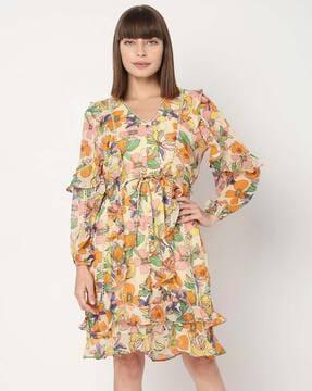 floral print a-line dress with ruffled detail