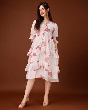 floral print a-line dress with ruffled detail