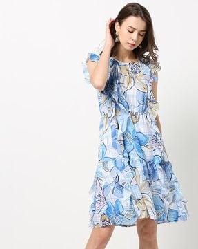 floral print a-line dress with ruffled panels