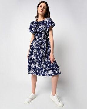 floral print a-line dress with ruffled yoke